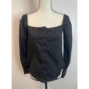 The Shirt Rochelle Behrens Black Off-Shoulder Button-Up Blouse XS